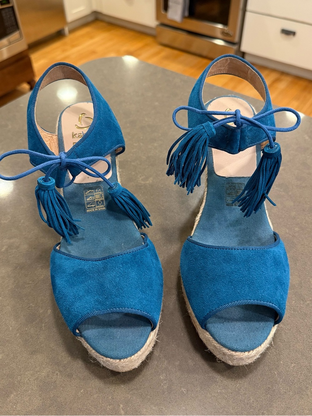 Kanna Blue Suede Espadrille Wedge Sandals with Tassel Tie